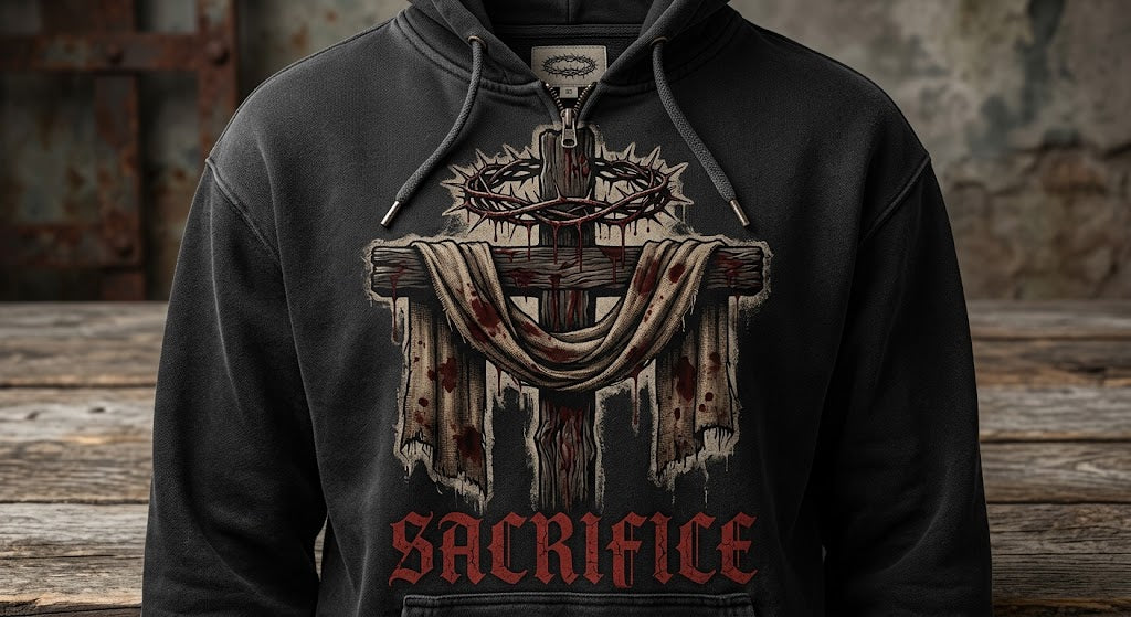 CHRIMSAN Sacrifice Limited Edition Hoodie — front graphic on model