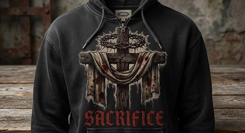 CHRIMSAN Sacrifice Limited Edition Hoodie — front graphic on model